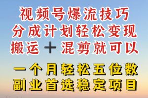 视频号爆流技巧，分成计划轻松变现，搬运 +混剪就可以，一个月轻松五位数稳定项目【揭秘】